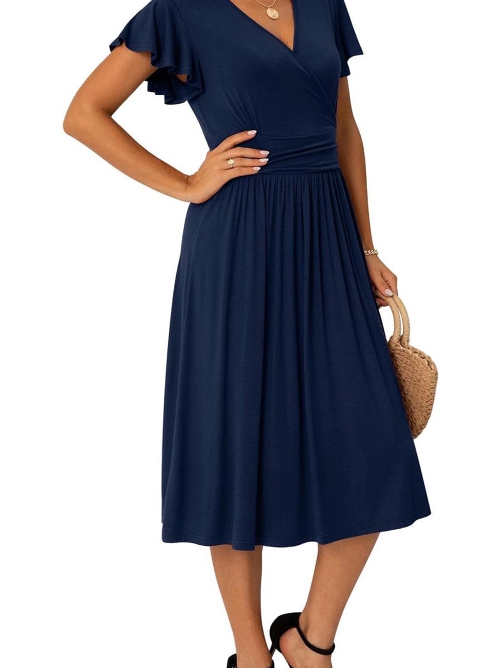 Navy Blue Flutter Sleeve Midi Dress